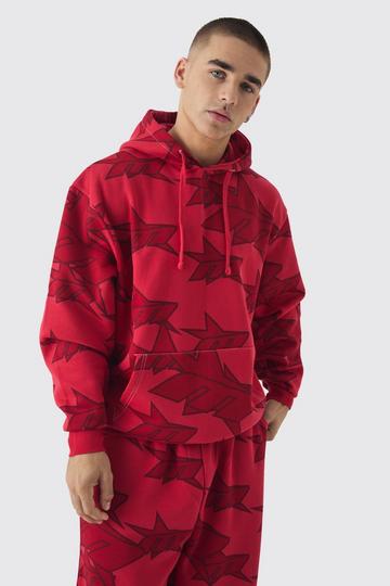 Red Oversized All Over Star Printed Hoodie