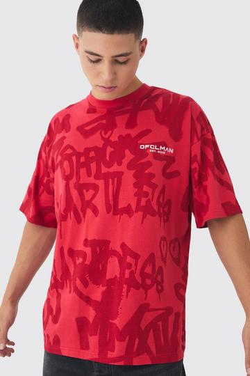 Red Oversized All Over Graffiti Printed T-Shirt