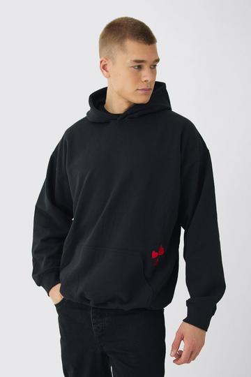 Oversized Heart Embroidered Pocket Hoodie black