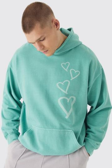 Oversized Washed Graffiti Heart Hoodie green