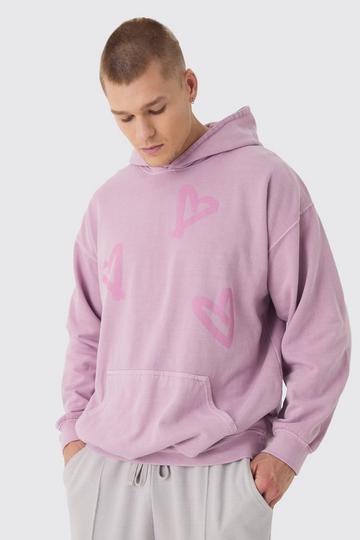 Pink Oversized Washed Graffiti Heart Hoodie