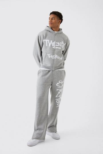 Boxy Spray Graffiti Print Split Hem Hooded Tracksuit grey marl