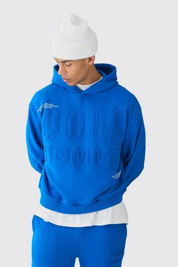 Oversized Boxy Homme Printed Embossed Hoodie cobalt