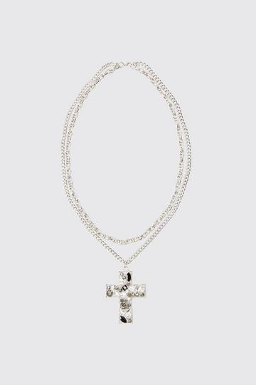 Gem Stone Cross Pendant Necklace silver