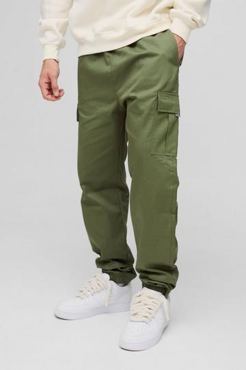 Slim Fit Elasticated Waist Woven Tab Cuffed Cargo Trousers khaki