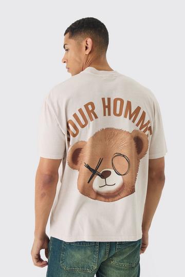 Cream White Oversized Extended Neck Over Seams Pour Homme Teddy Print T-Shirt