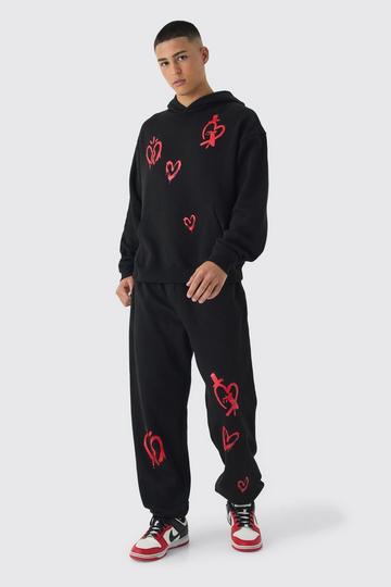 Oversized Boxy Heart Print Tracksuit black