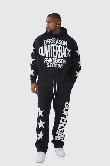 Black Plus Oversized Boxy Off Season Puff Printed Hooded Tracksuit