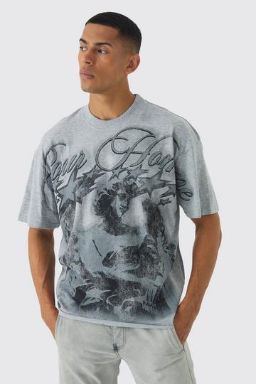 Oversized Boxy Extended Neck Large Scale Renaissance Print T-Shirt grey