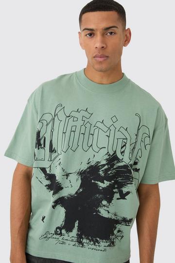 Sage Green Oversized Boxy Extended Neck Washed Large Scale Print T-Shirt