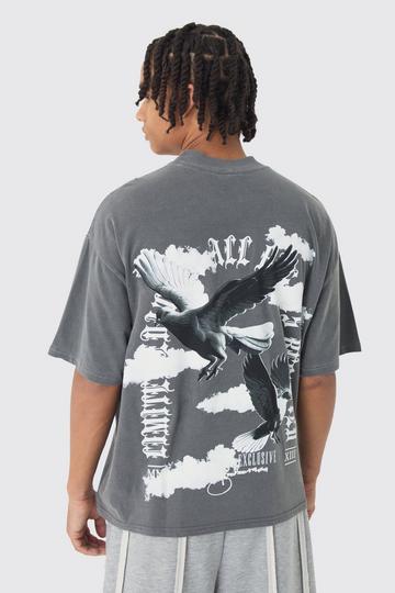 Oversized Boxy Extended Neck Large Scale Wash Dove Back Print T-Shirt charcoal