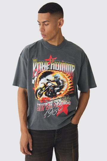 Oversized Boxy Racing Graphic Spray Washed T-Shirt charcoal