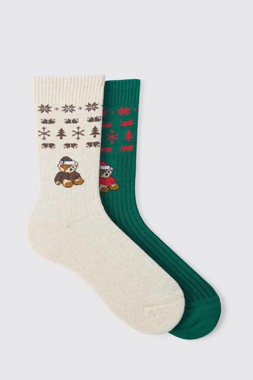 2 Pack Teddy Bear Christmas Socks multi