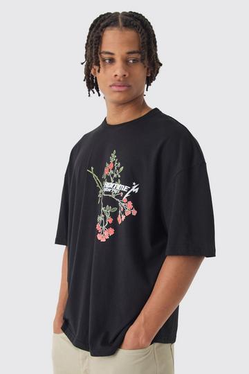 Oversized Boxy Floral Puff Print T-Shirt black