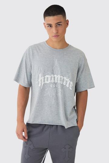 Grey Oversized Boxy Homme Cross Print T-Shirt