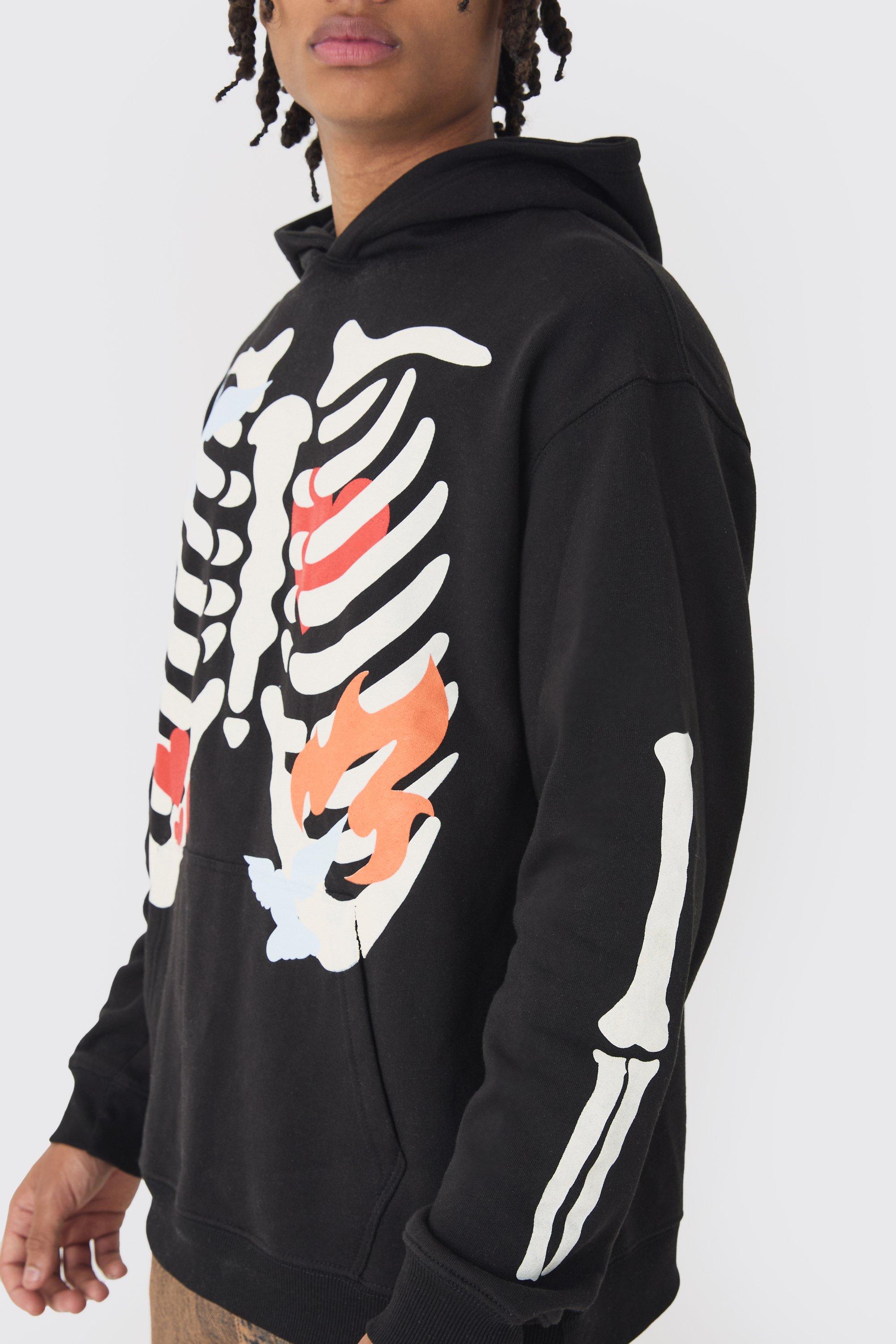 Oversized Washed Skeleton Print Hoodie