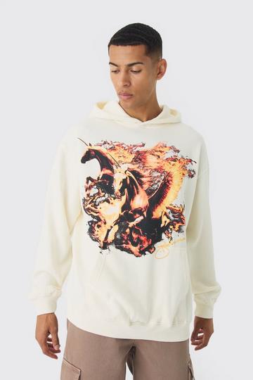 Ecru White Oversized Washed Flame Horse Print Hoodie