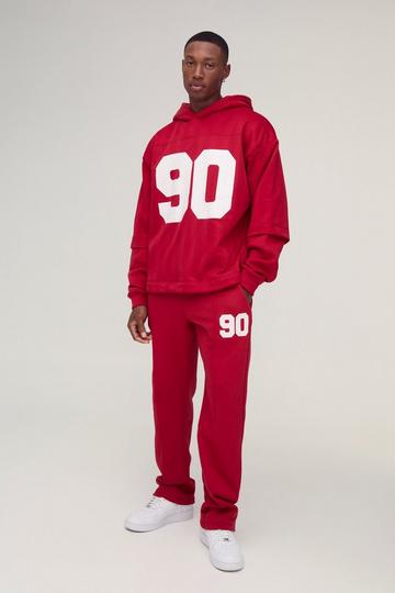 Red Oversized 90 Printed Football Tee Overlay Hooded Tracksuit