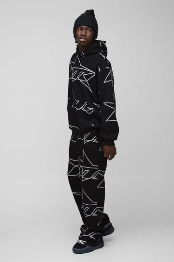 Oversized Star All Over Printed Gusset Flare Hooded Tracksuit black