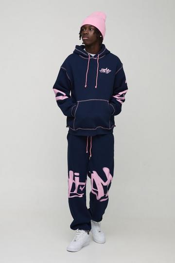 Oversized Man Graffiti Rope Drawcord Hooded Tracksuit navy