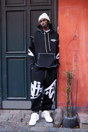 Oversized Man Graffiti Rope Drawcord Hooded Tracksuit black