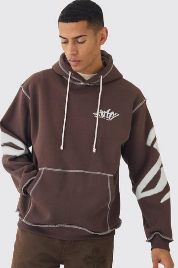 Oversized Man Graffiti Rope Drawcord Hoodie chocolate