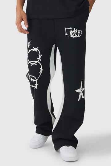 Relaxed Fit Flare Multi Placement Graffiti Gusset Joggers black