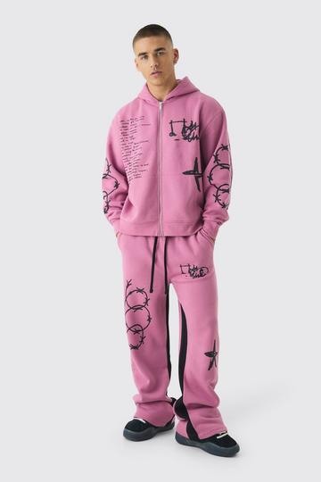 Oversized Multi Placement Graffiti Zip Through Gusset Hooded Tracksuit pink