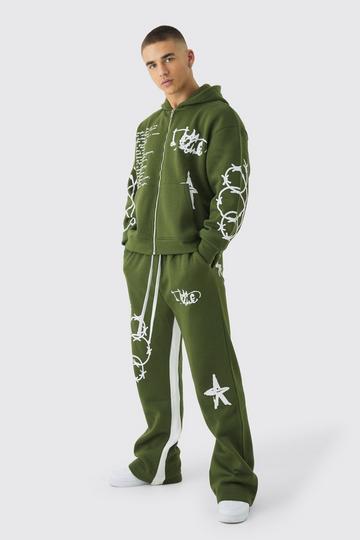 Oversized Multi Placement Graffiti Zip Through Gusset Hooded Tracksuit olive