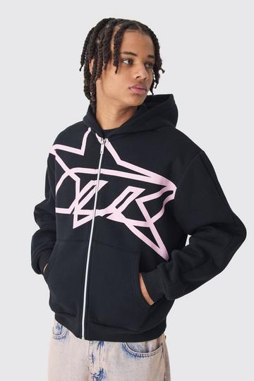 Oversized Boxy Star Printed Zip Through Hoodie black