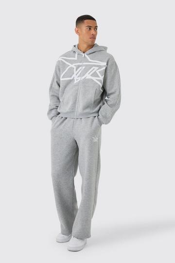 Oversized Boxy Star Printed Zip Through Hooded Tracksuit grey marl