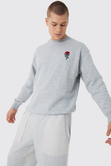 Oversized Skeleton Rose Embroidery Sweatshirt grey marl