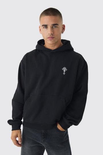 Oversized Boxy Gothic Cross Embroidery Hoodie black