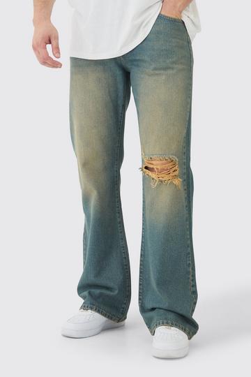 Tall Relaxed Flare Rigid Knee Rip Tinted Denim Jean green