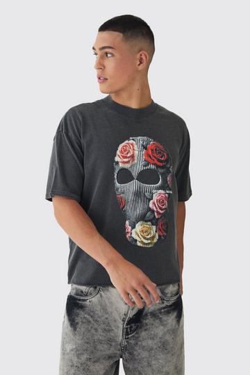 Oversized Boxy Extended Neck Washed Mask Print T-Shirt charcoal