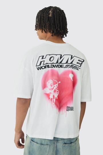 Oversized Boxy Homme Heart Back Printed T-Shirt white