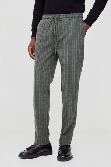 Tapered Fit Pinstripe Wool Look Pintuck Elasticated Waist Trouser forest