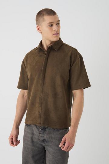 Khaki Oversized Faux Suede Collared Shirt