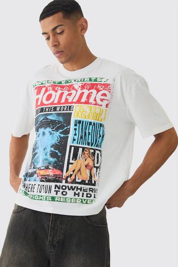 Oversized Boxy Homme Magazine T-Shirt Met Print white