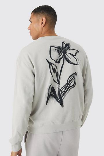 Stone Beige Oversized Washed Floral Line Drawing Back Print Sweatshirt