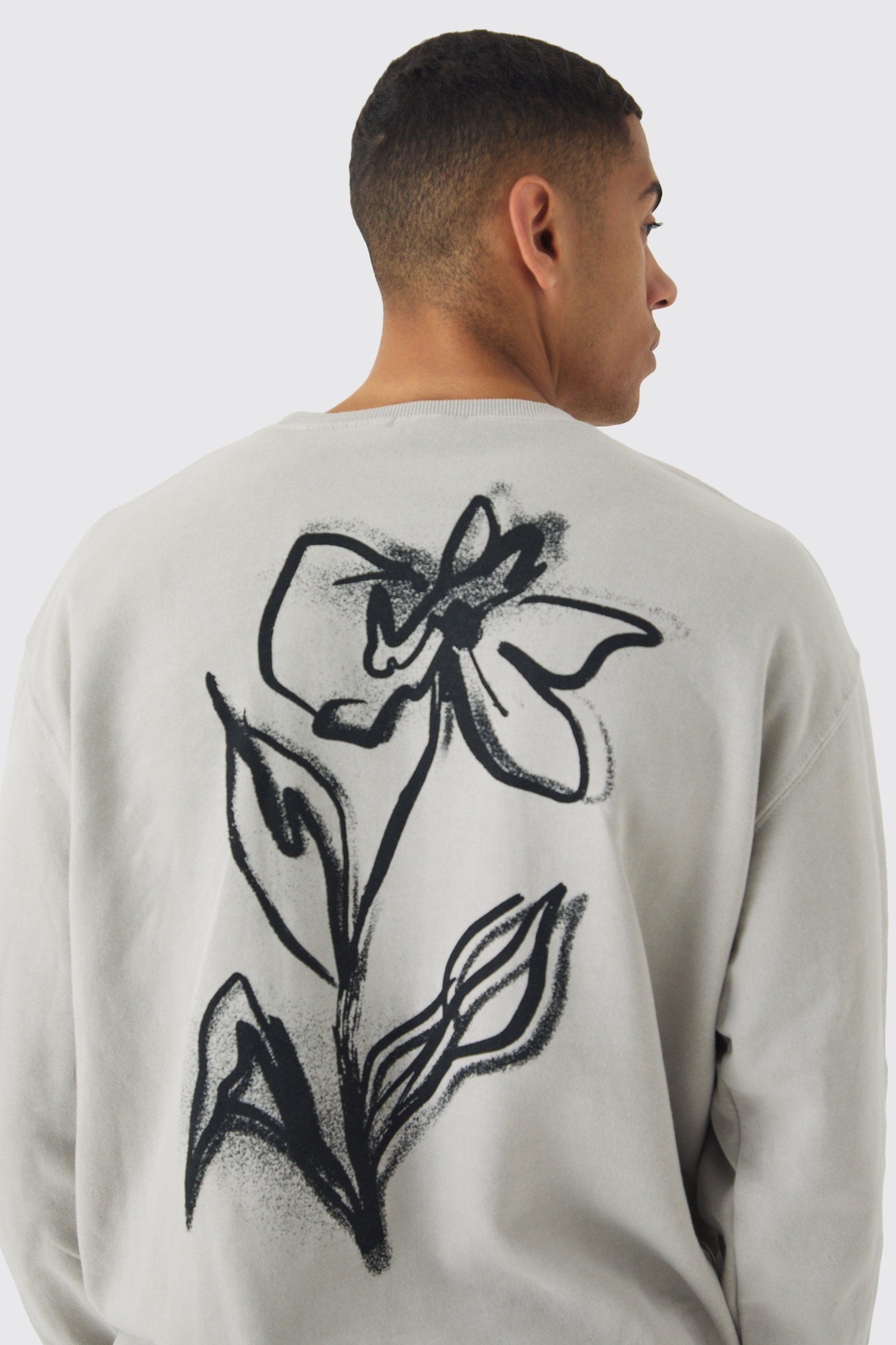 Oversized Washed Floral Line Drawing Back Print Sweatshirt