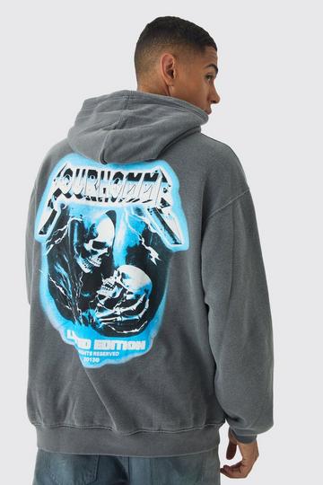 Oversized Boxy Washed Skull Back Print Hoodie charcoal