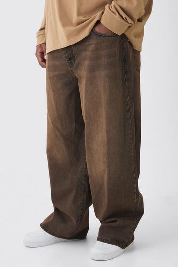 Plus Baggy Rigid Double Waistband Denim Jeans brown