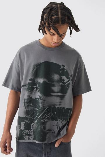 Oversized Pop Smoke Wash Raw Hem License T-Shirt charcoal