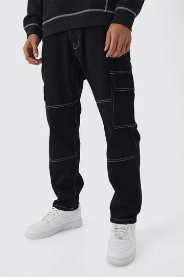 Black Relaxed Fit Contrast Stitch Cargo Jeans