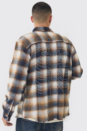 Orange Oversized Distressed Skeleton Rhinestone Checked Shirt