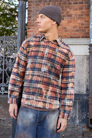 Orange Oversized Washed Printed Checked Shirt