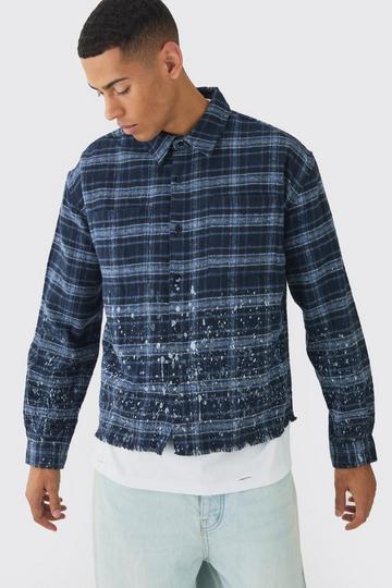 Blue Oversized Boxy Distressed Paint Checked Shirt