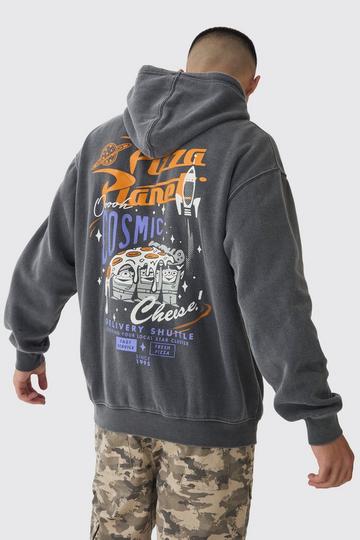 Charcoal Grey Oversized Wash Pixar Toy Story Pizza Planet License Hoodie