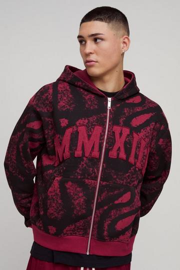 Shrunken Fit AOP Squiggle Applique MMXIII Zip Through Hoodie berry